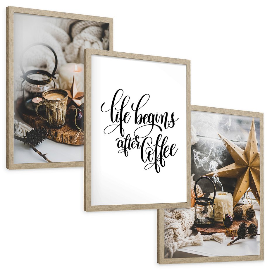 Zestaw obrazy w ramie, plakaty - kawa, świece, dekoracje - rama drewno