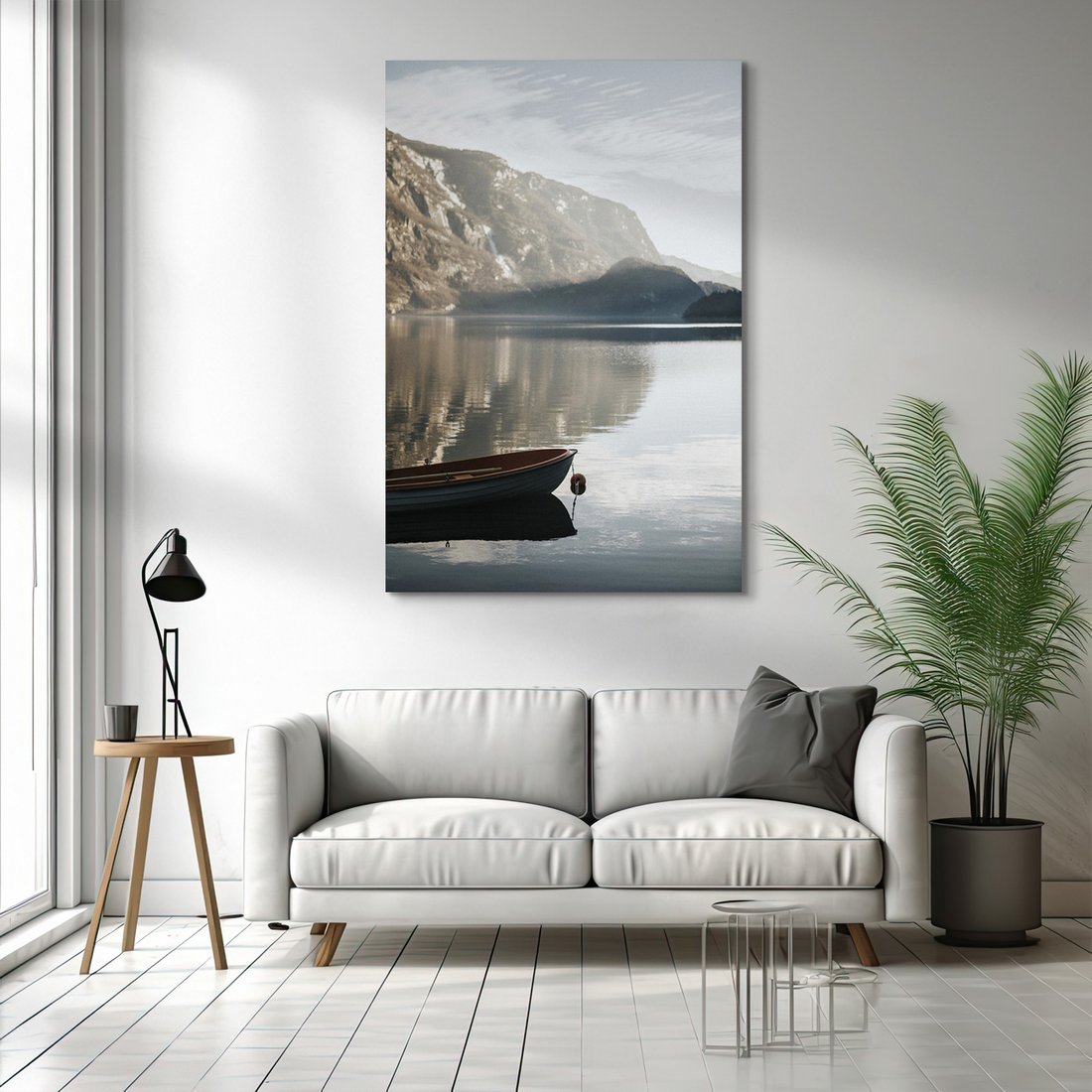 Obraz na płótnie - jezioro, góry, łódka