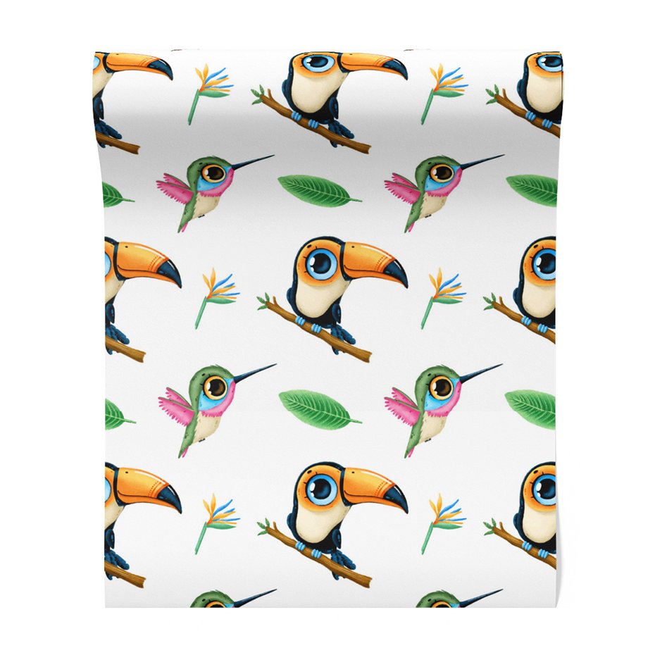 Tapeta - dziecięca, tukany, kolibry, liście