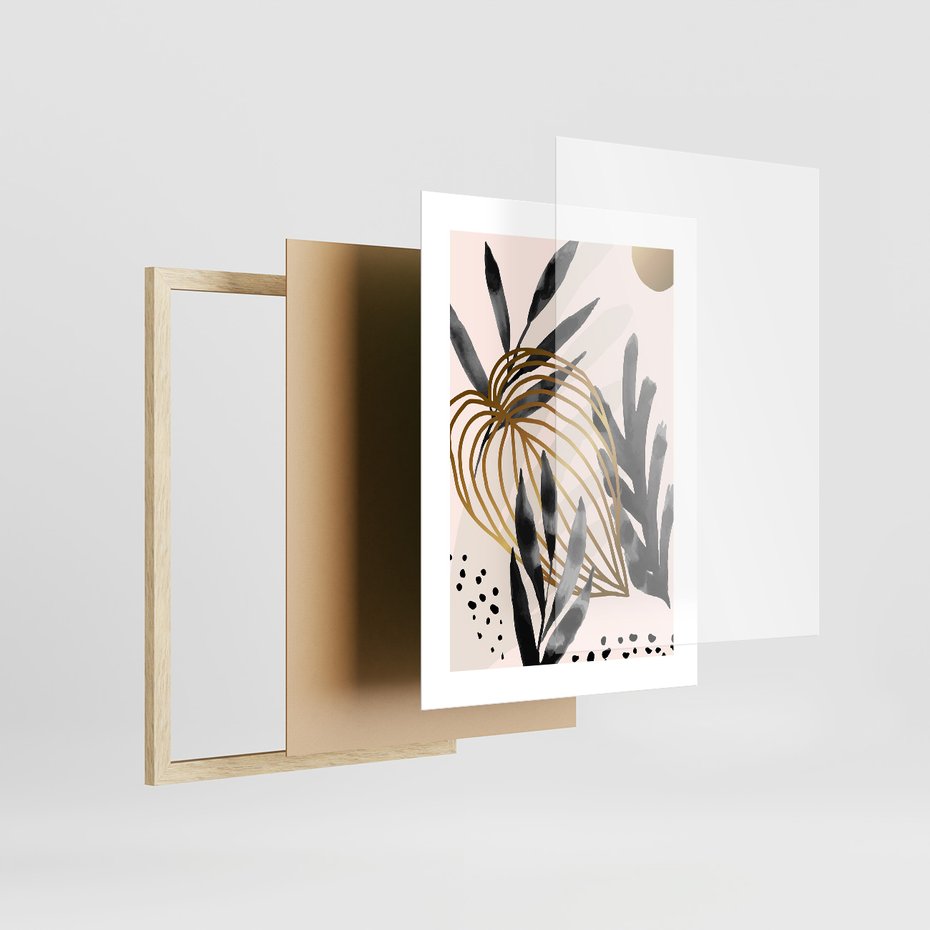 Zestaw obrazy w ramie, plakaty - liście, złoto, abstrakcja - rama drewno