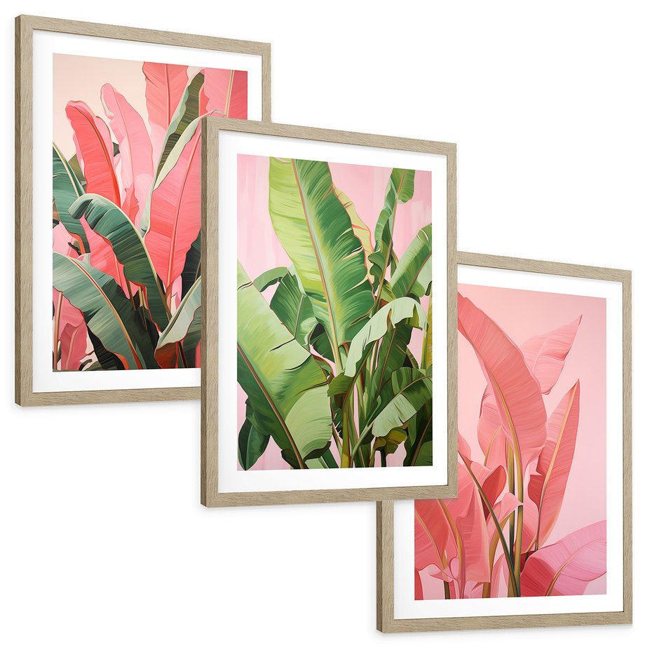 Zestaw obrazy w ramie, plakaty - liście, pastelowy, tropikalny - rama drewno