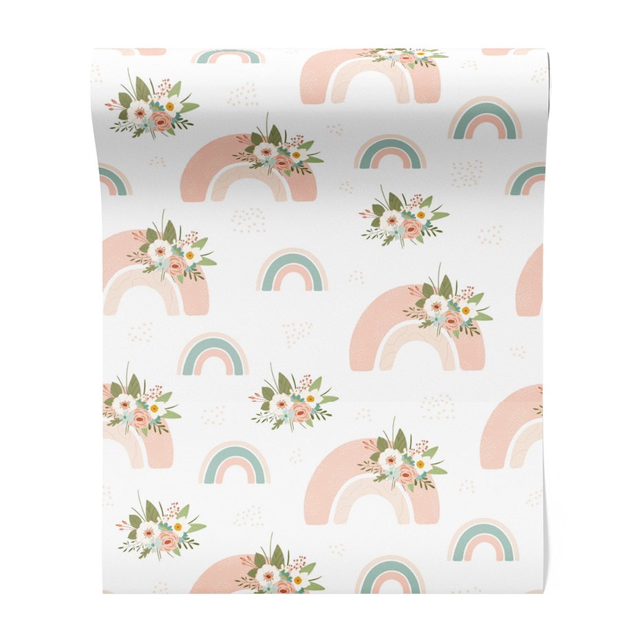 Tapeta - dziecięca, kwiaty, tęcza,