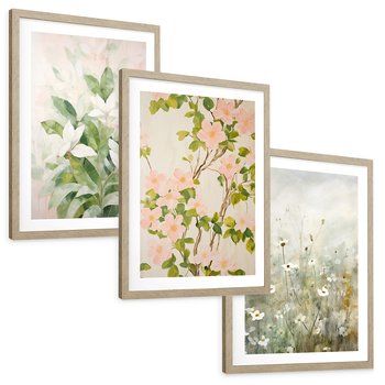 Zestaw obrazy w ramie, plakaty - kwiaty, rośliny, pastelowe - rama drewno