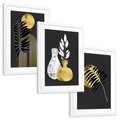 Zestaw obrazy w ramie, plakaty - liście, złoto, abstrakcja - rama biała