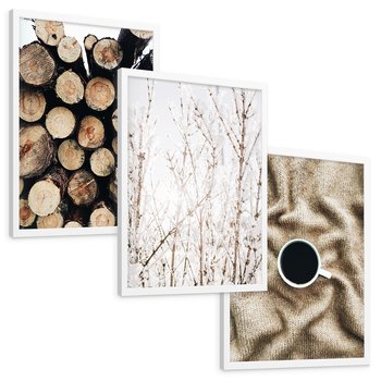 Zestaw obrazy w ramie, plakaty - drewno, zima, sweter - rama biała