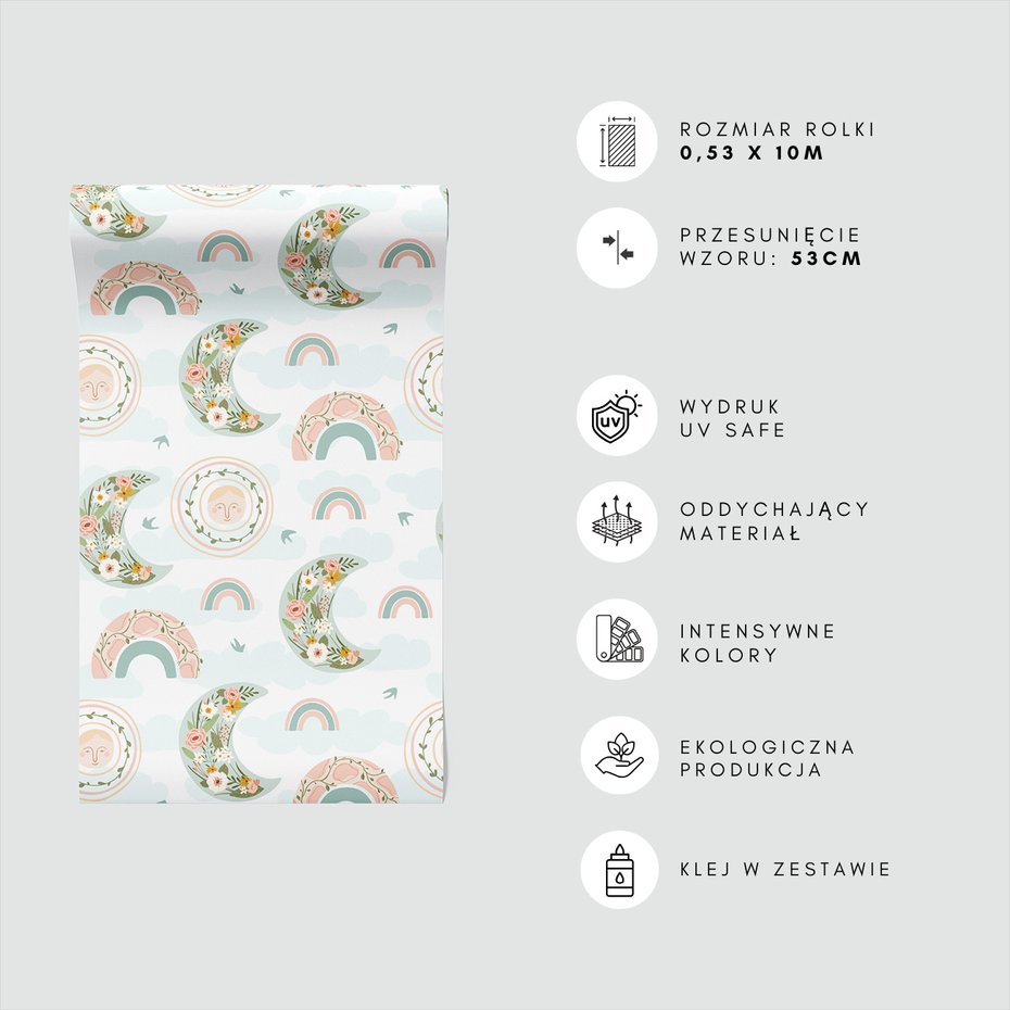 Tapeta - dziecięca, księżyc, tęcza, kwiaty