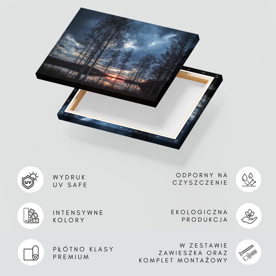 Obraz na płótnie - jezioro, drzewa, zachód słońca