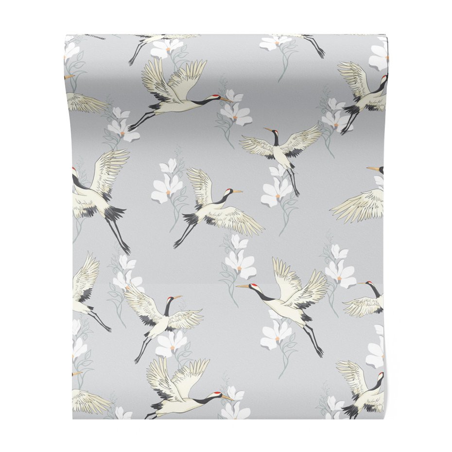 Tapeta - żurawie, kwiaty, wzór