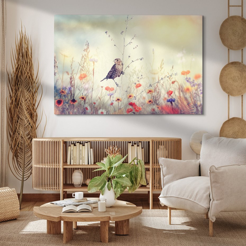 Obraz na płótnie - ptak, kwiaty, łąka
