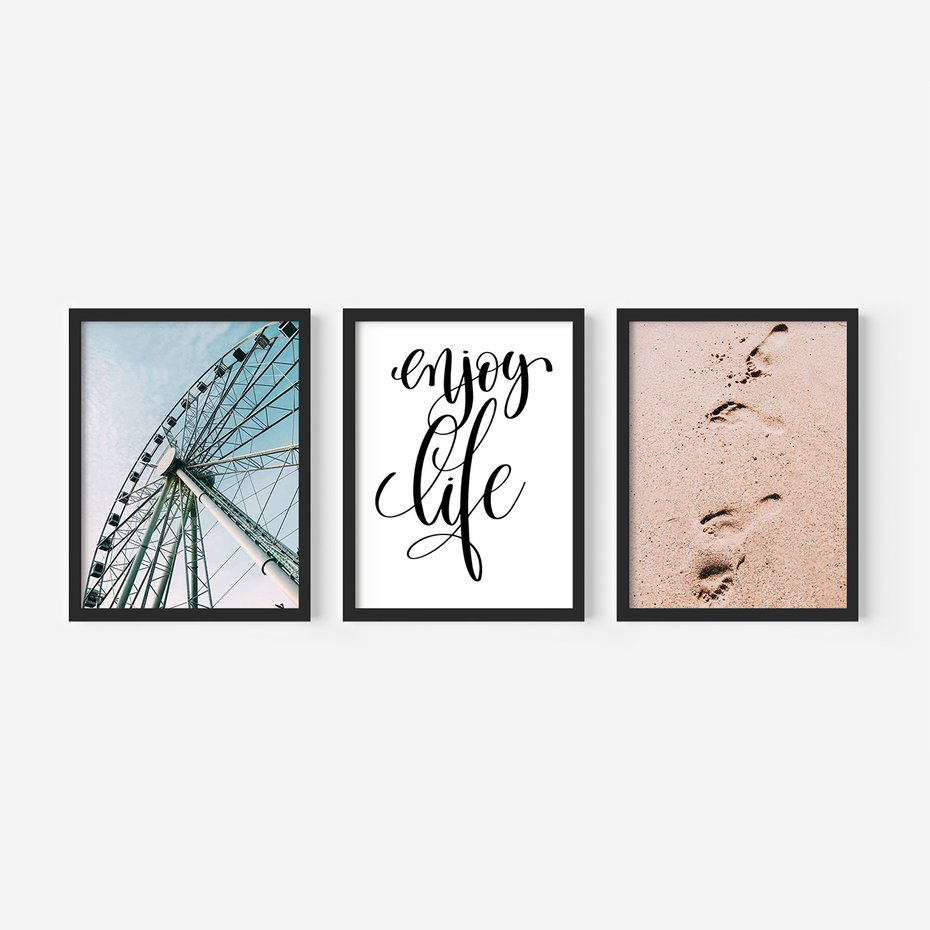 Zestaw obrazy w ramie, plakaty - wakacje, plaża, piasek - rama czarna