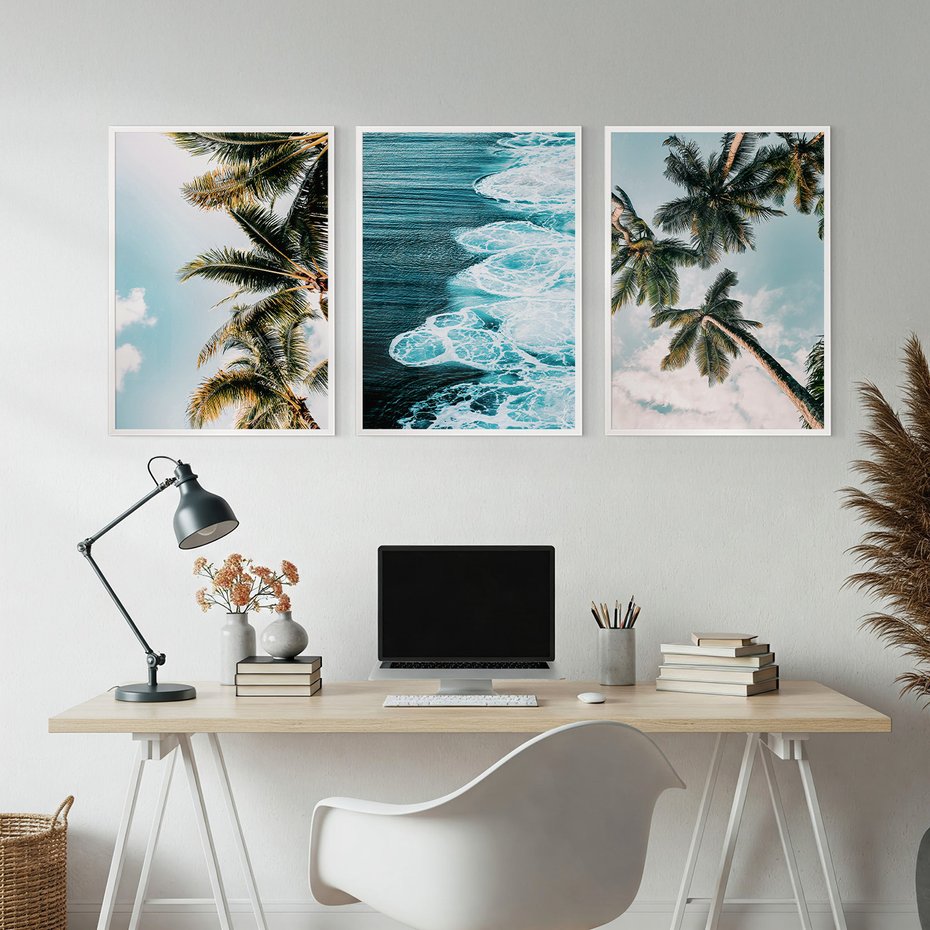 Zestaw obrazy w ramie, plakaty - palmy, morze, woda - rama biała
