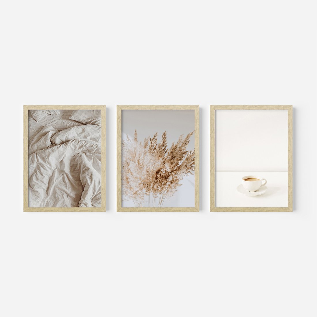 Zestaw obrazy w ramie, plakaty - beżowy, kawa, trawa - rama drewno