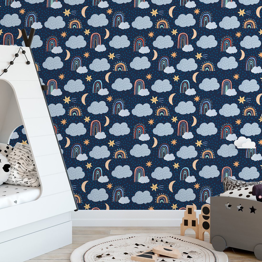 Tapeta - dziecięca, chmury, gwiazdy, tęcze