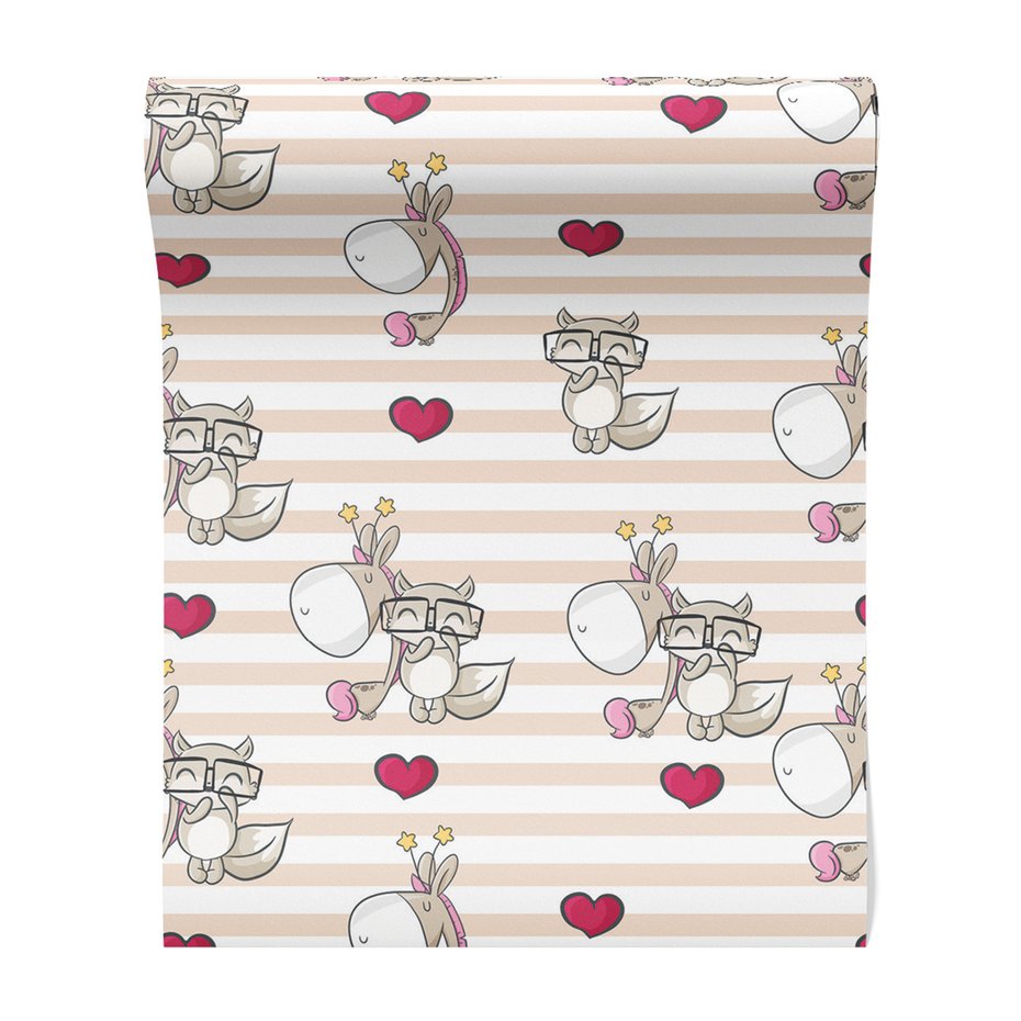 Tapeta - dziecięca, jednorożce, serca, paski