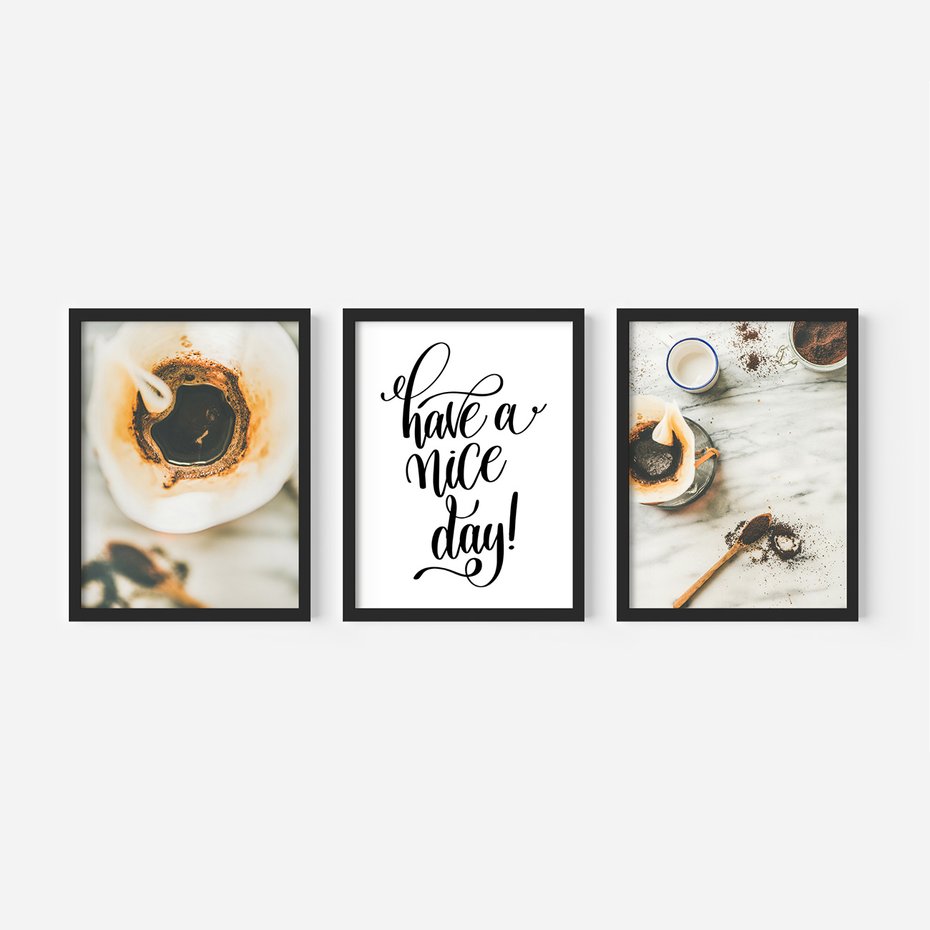 Zestaw obrazy w ramie, plakaty - kawa, napój, filiżanka - rama czarna