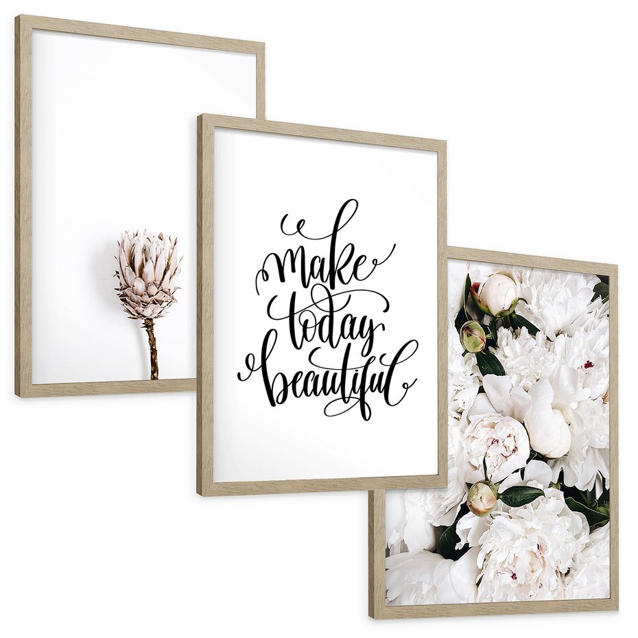 Zestaw obrazy w ramie, plakaty - kwiaty, napisy, protea - rama drewno