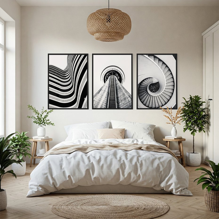 Zestaw obrazy w ramie, plakaty - struktura, schody, architektura - rama czarna