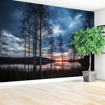 Fototapeta - jezioro, drzewa, zachód słońca