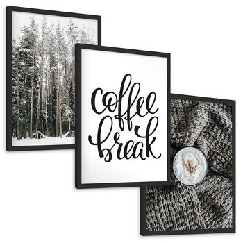 Zestaw obrazy w ramie, plakaty - zima, las, napój - rama czarna
