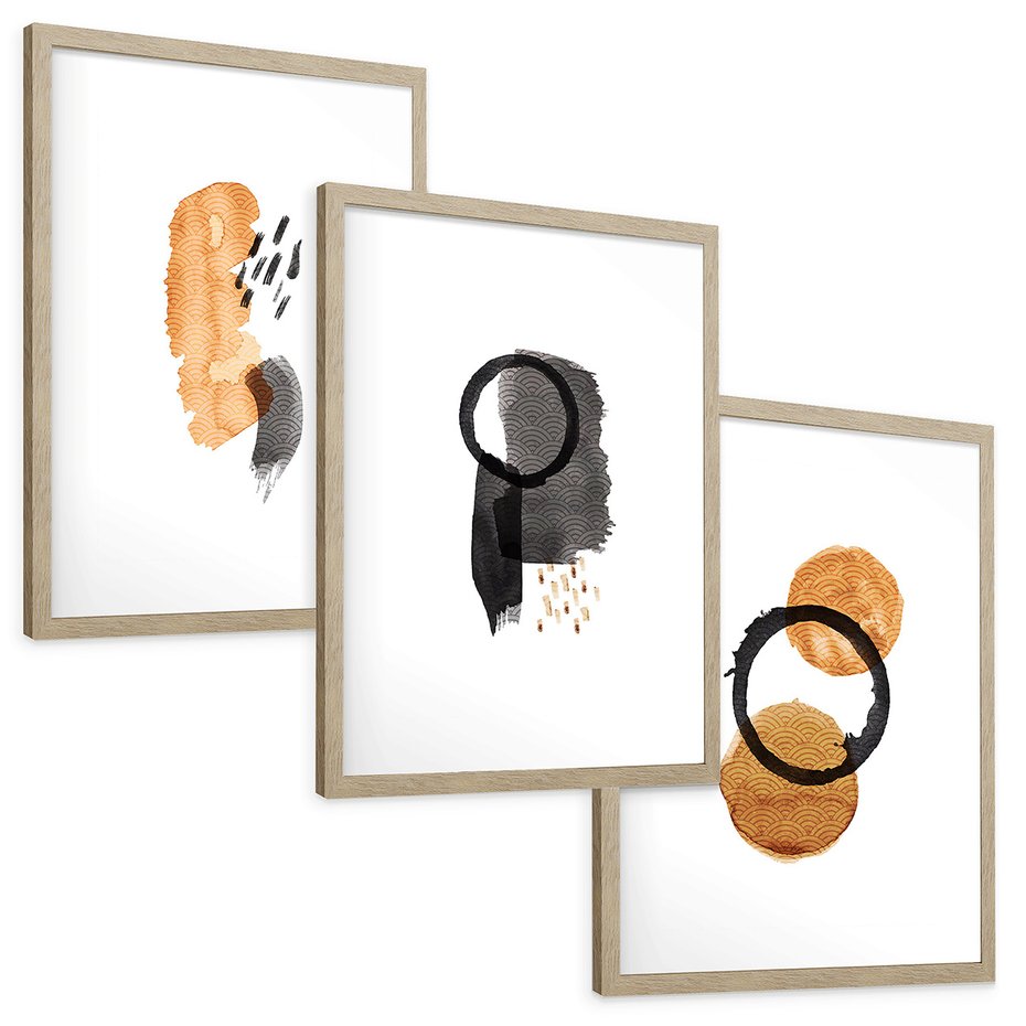 Zestaw obrazy w ramie, plakaty - abstrakcja, geometryczne, kształty - rama drewno