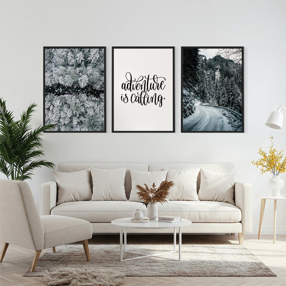 Zestaw obrazy w ramie, plakaty - zima, śnieg, las - rama czarna