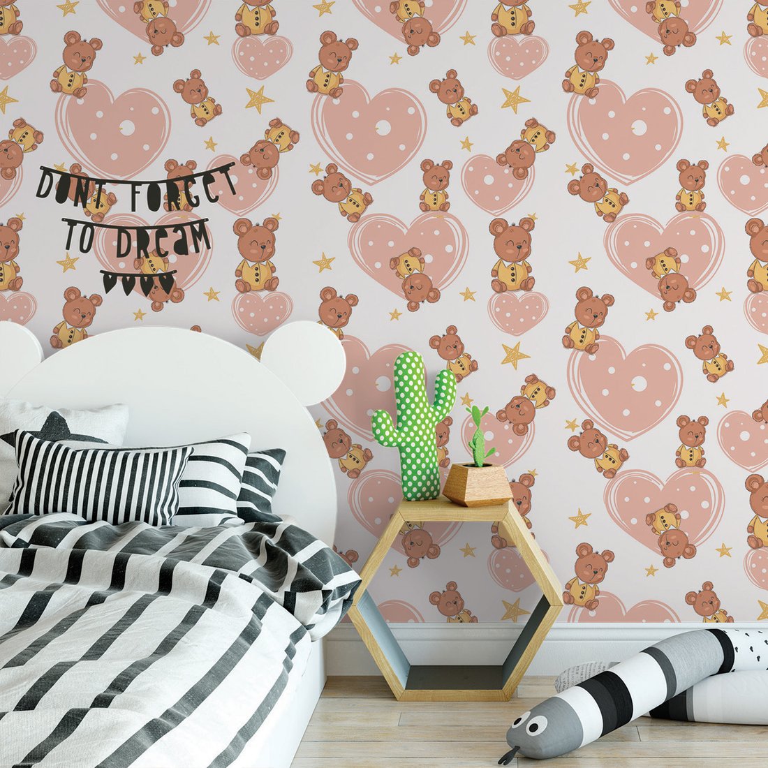 Tapeta - dziecięca, misie, serca, gwiazdy