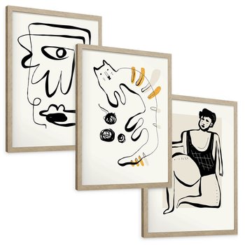Zestaw obrazy w ramie, plakaty - abstrakcja, rysunek, minimalizm - rama drewno