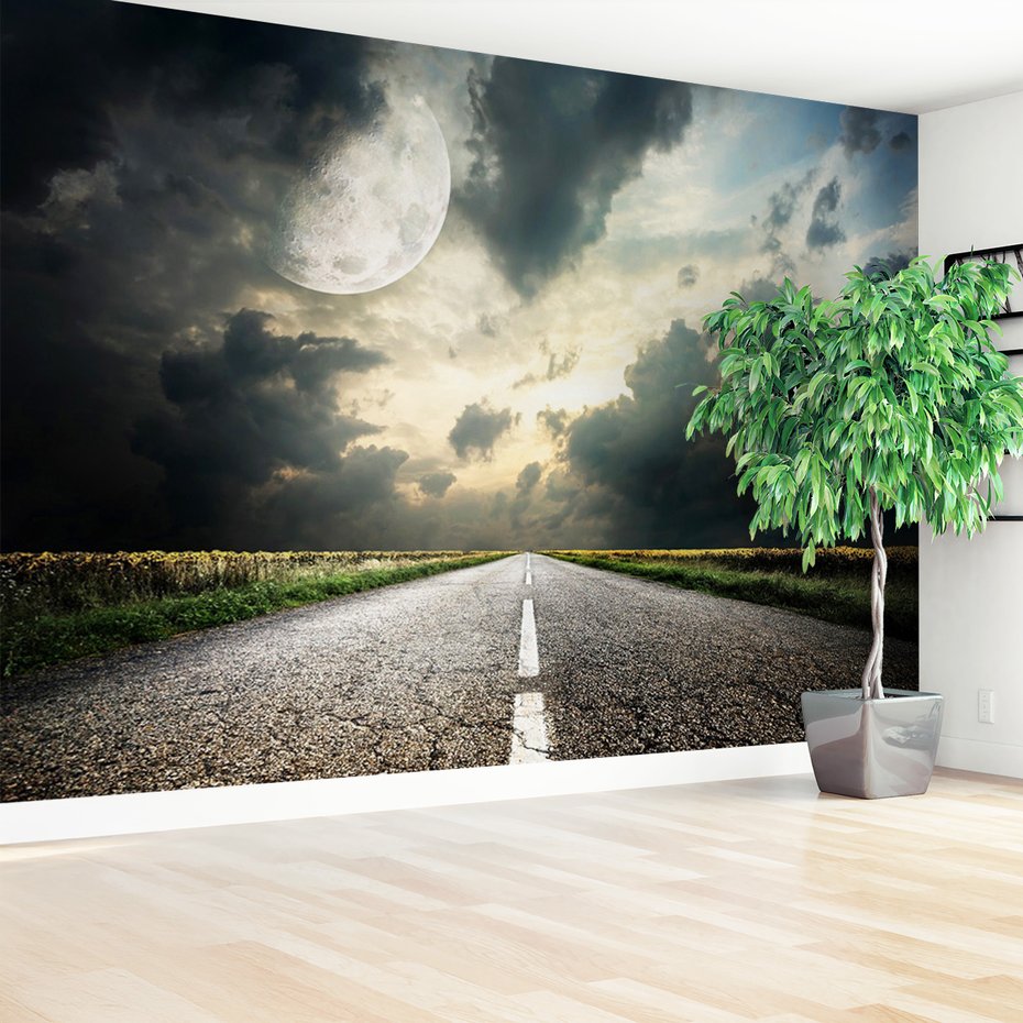 Fototapeta - droga, księżyc, chmury