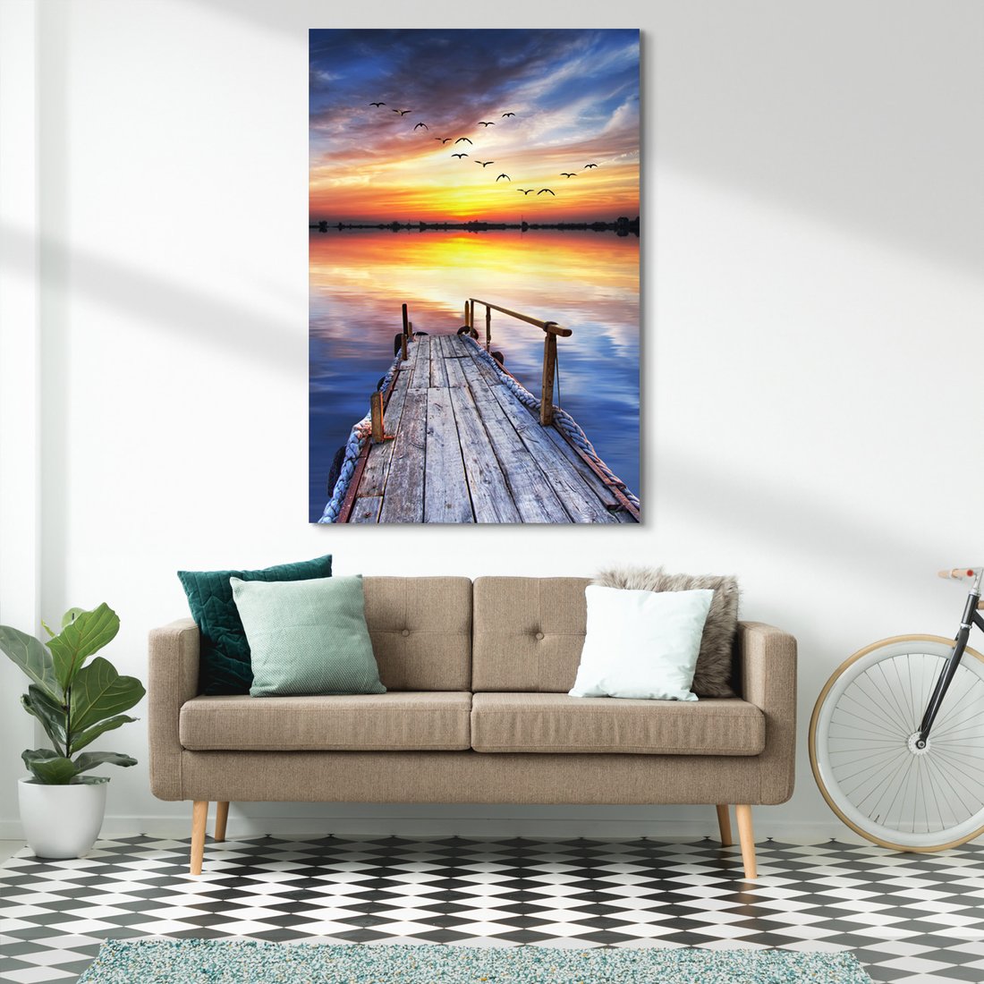 Obraz na płótnie - pomost, zachód słońca, ptaki