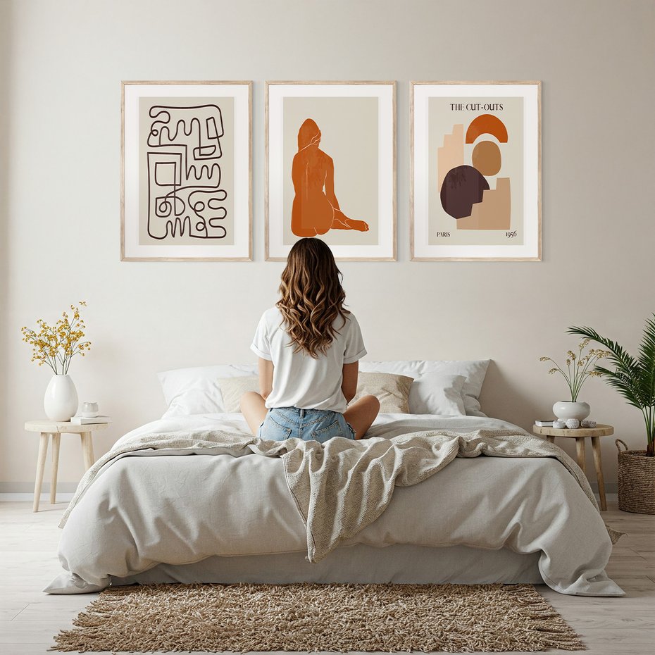 Zestaw obrazy w ramie, plakaty - abstrakcja,linie,figury - rama drewno