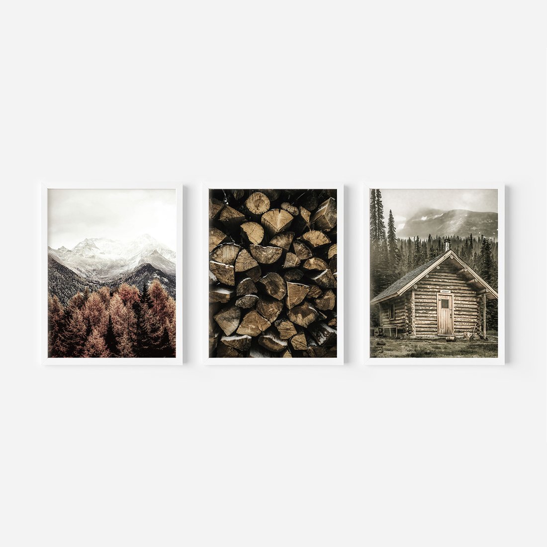 Zestaw obrazy w ramie, plakaty - góry, drewno, las - rama biała