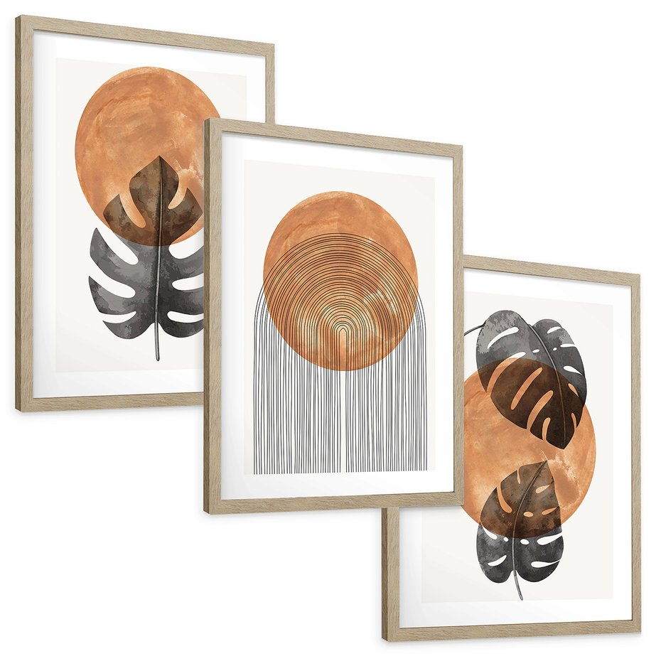 Zestaw obrazy w ramie, plakaty - liście, abstrakcja, okrąg - rama drewno