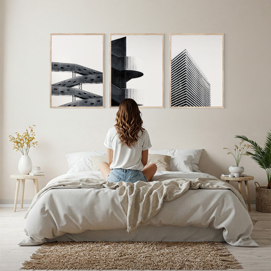 Zestaw obrazy w ramie, plakaty - architektura, budynki, minimalizm - rama drewno