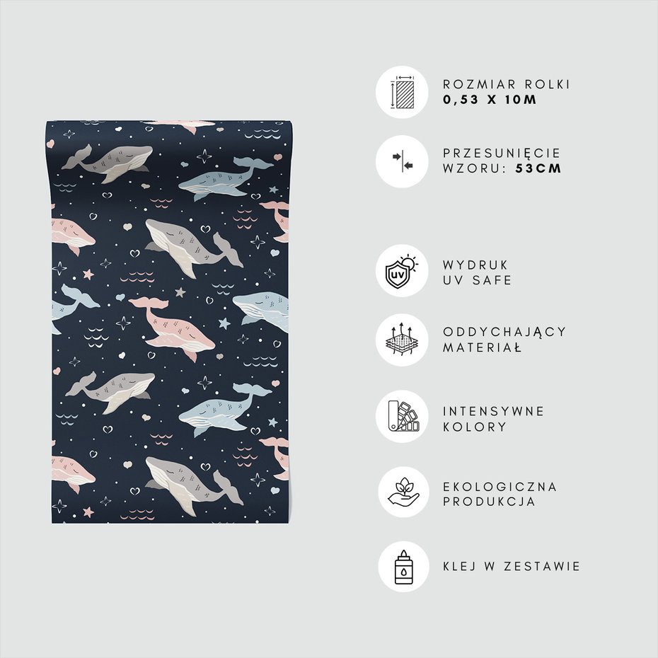 Tapeta - dziecięca, wieloryby, gwiazdy, serca