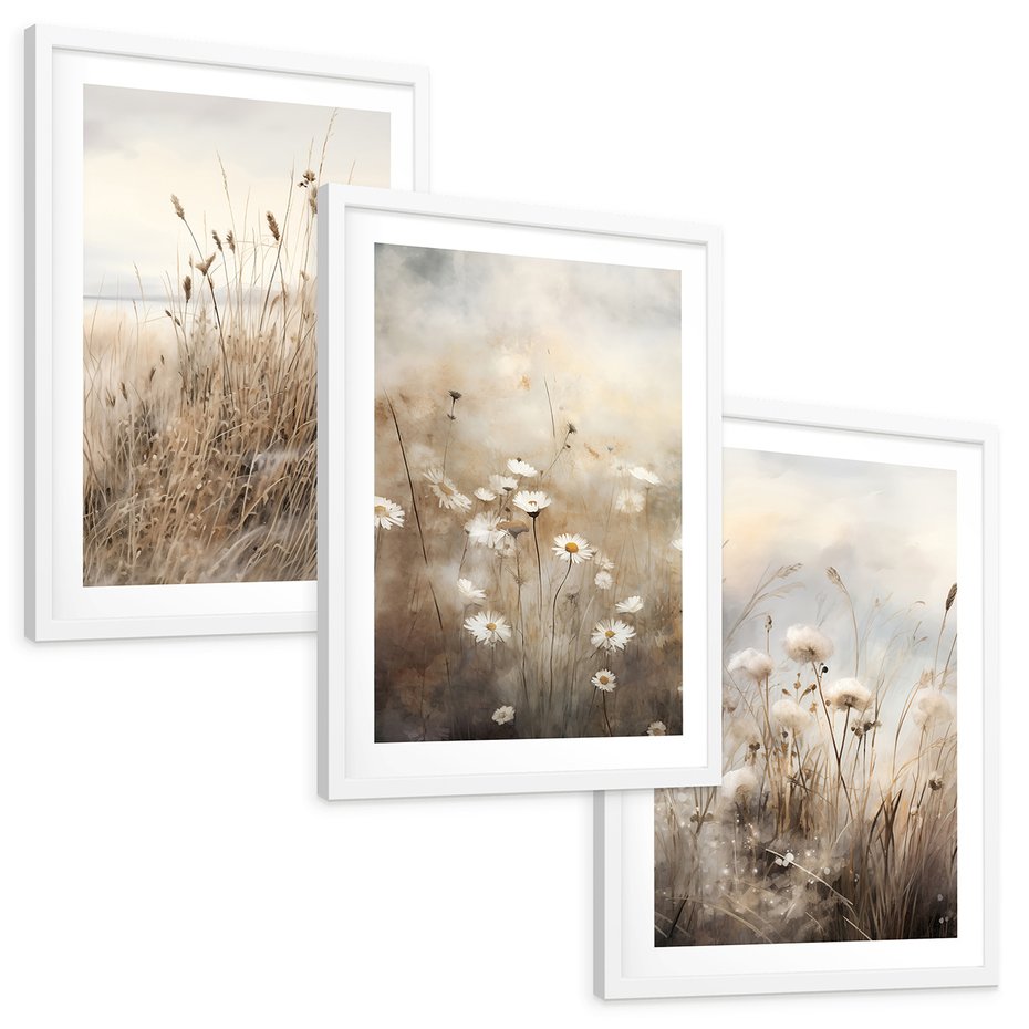 Zestaw obrazy w ramie, plakaty - kwiaty, trawa, delikatne - rama biała