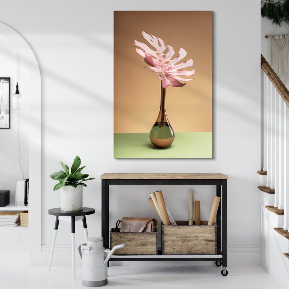 Obraz na płótnie - liść, wazon, różowy