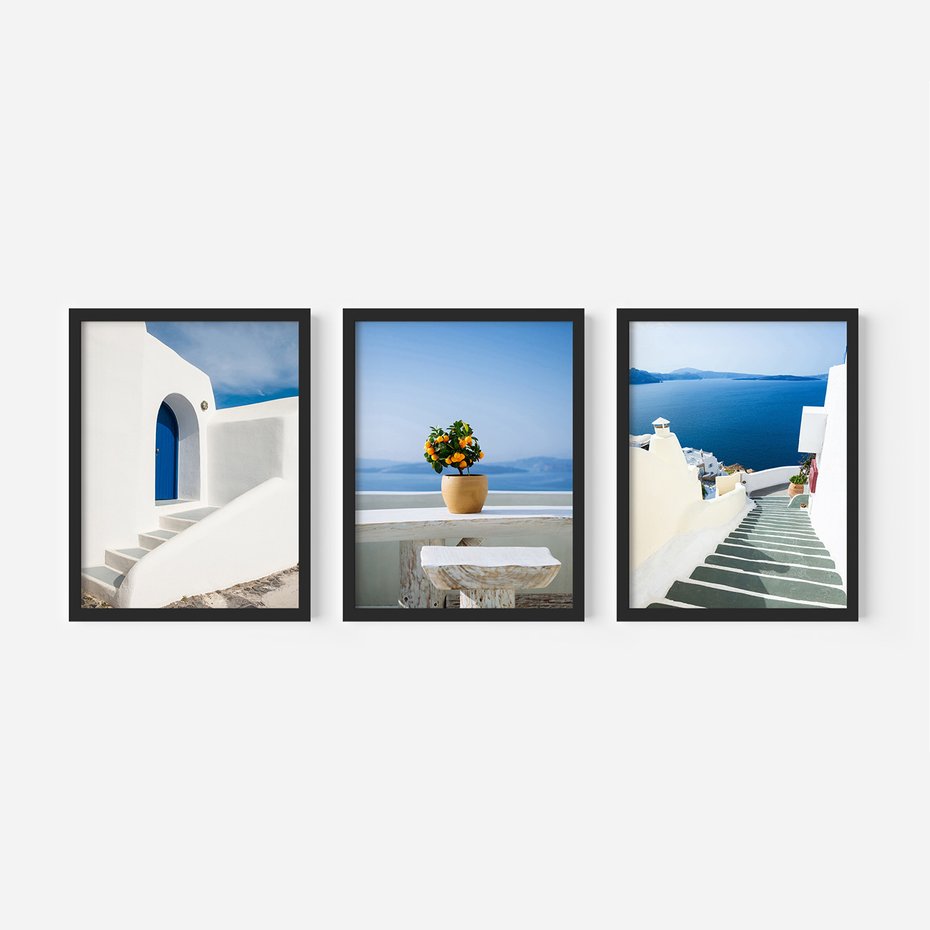 Zestaw obrazy w ramie, plakaty - Grecja, morze, Santorini - rama czarna