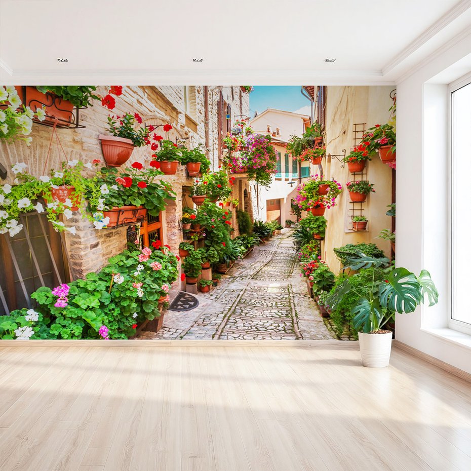 Fototapeta - kwiaty, uliczka, doniczki