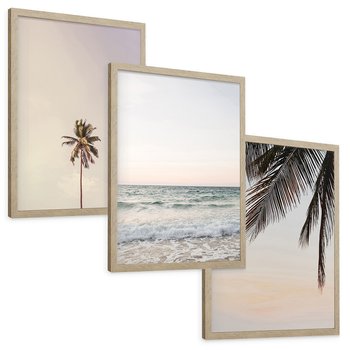Zestaw obrazy w ramie, plakaty - plaża, morze, palmy - rama drewno