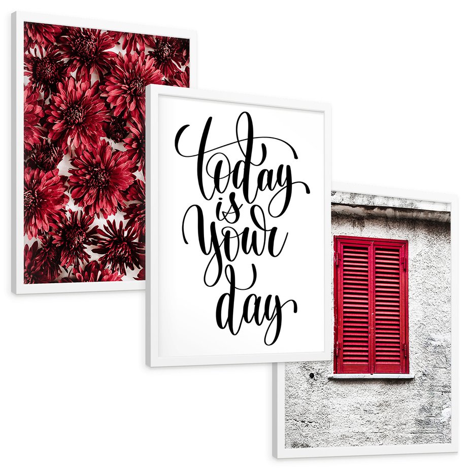 Zestaw obrazy w ramie, plakaty - kwiaty, okno, typografia - rama biała