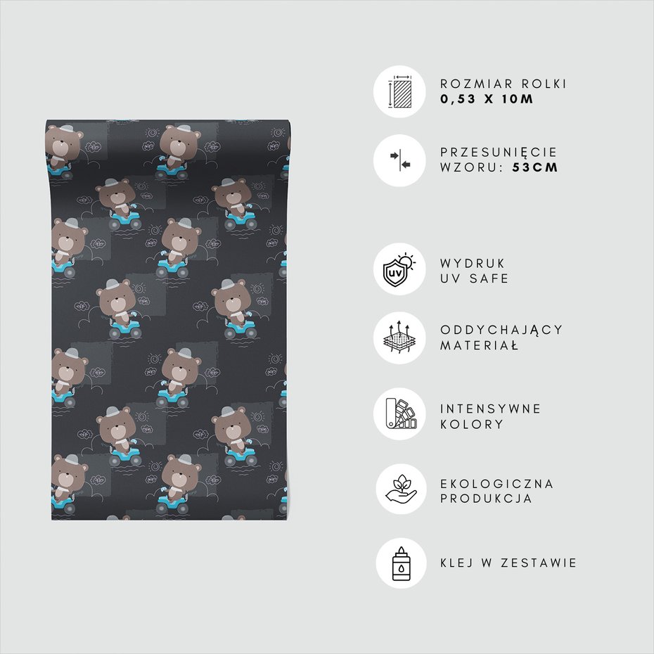 Tapeta - dziecięca, niedźwiedź, pojazd, chmury