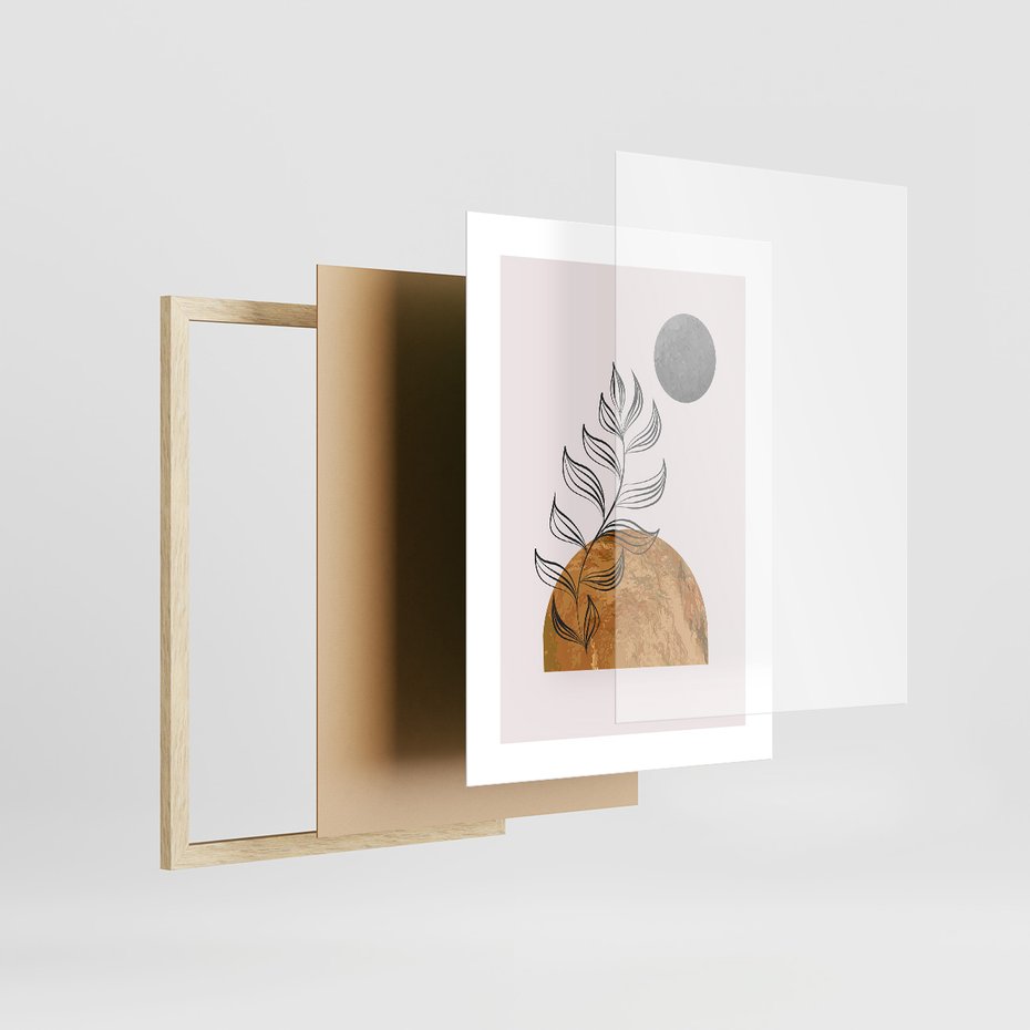Zestaw obrazy w ramie, plakaty - liście, abstrakcja, złoto - rama drewno