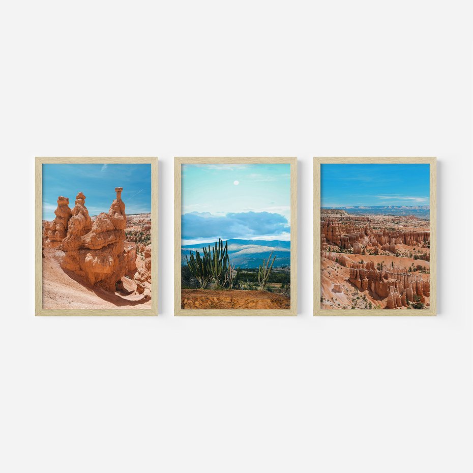 Zestaw obrazy w ramie, plakaty - formacje skalne, kanion, kaktusy - rama drewno