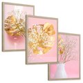 Zestaw obrazy w ramie, plakaty - kwiaty, liście, złoty - rama drewno