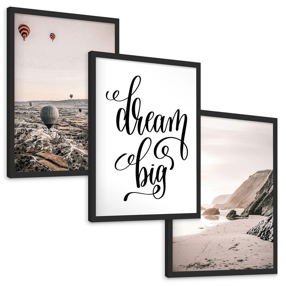 Zestaw obrazy w ramie, plakaty - balony, plaża, skały - rama czarna