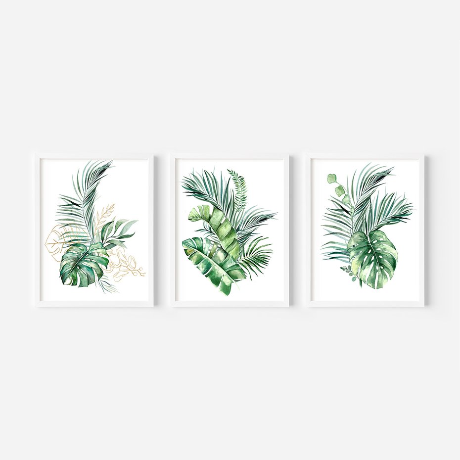 Zestaw obrazy w ramie, plakaty - liście, rośliny, tropikalne - rama biała