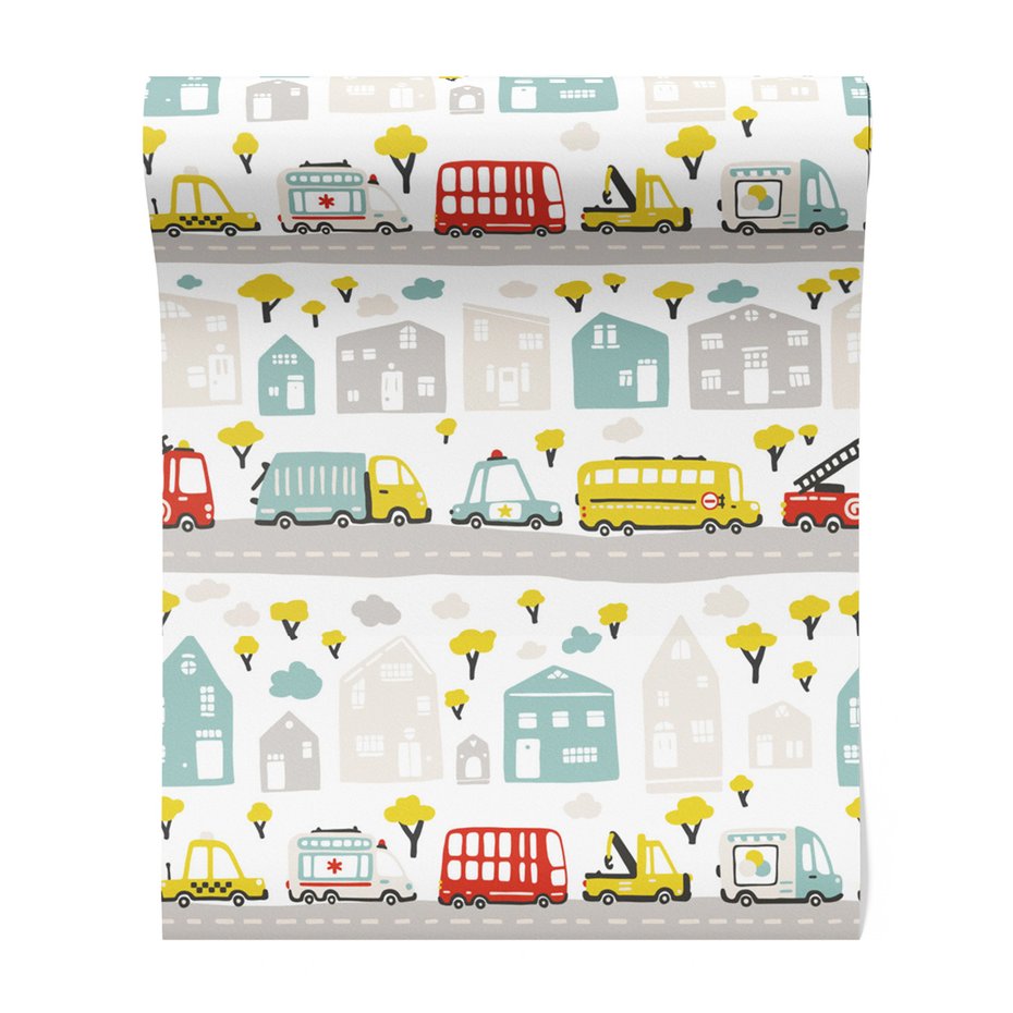 Tapeta - dziecięca, miasto, pojazdy, drzewa