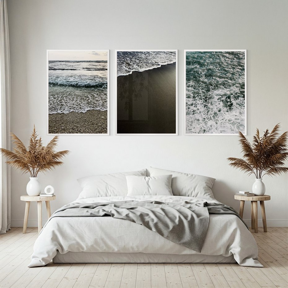 Zestaw obrazy w ramie, plakaty - morze, woda, plaża - rama biała