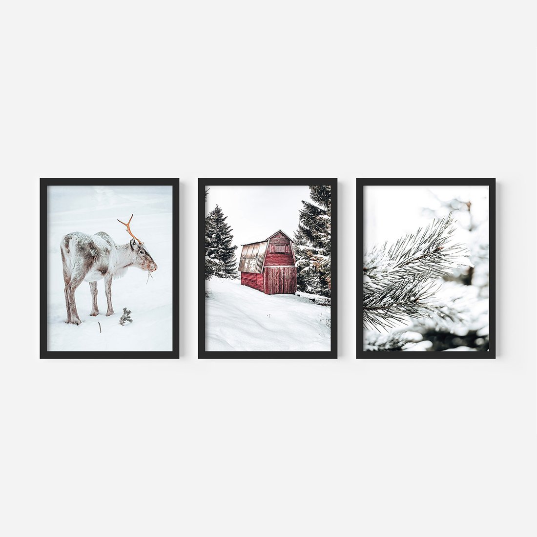Zestaw obrazy w ramie, plakaty - renifer, śnieg, zima - rama czarna
