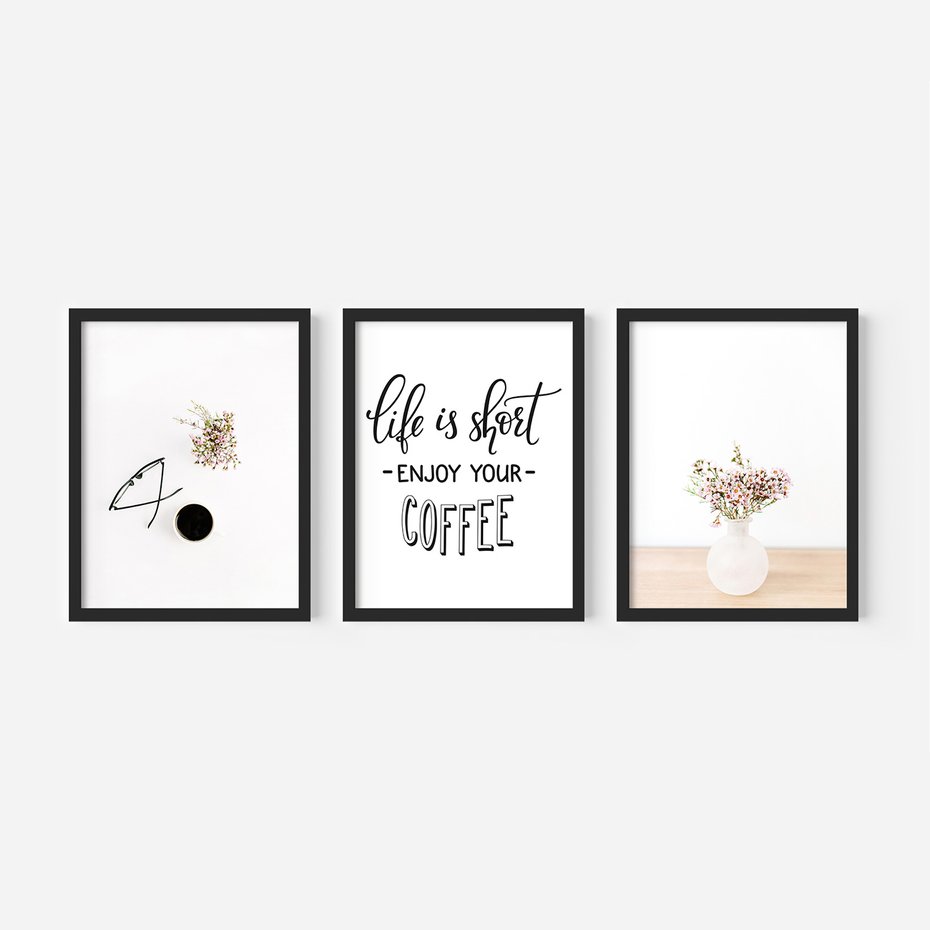 Zestaw obrazy w ramie, plakaty - kwiaty, kawa, okulary - rama czarna
